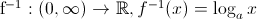 $  f^{-1}: (0, \infty)&Acirc;&nbsp; \rightarrow \mathbb{R} , f^{-1}(x) = \log_a  x$