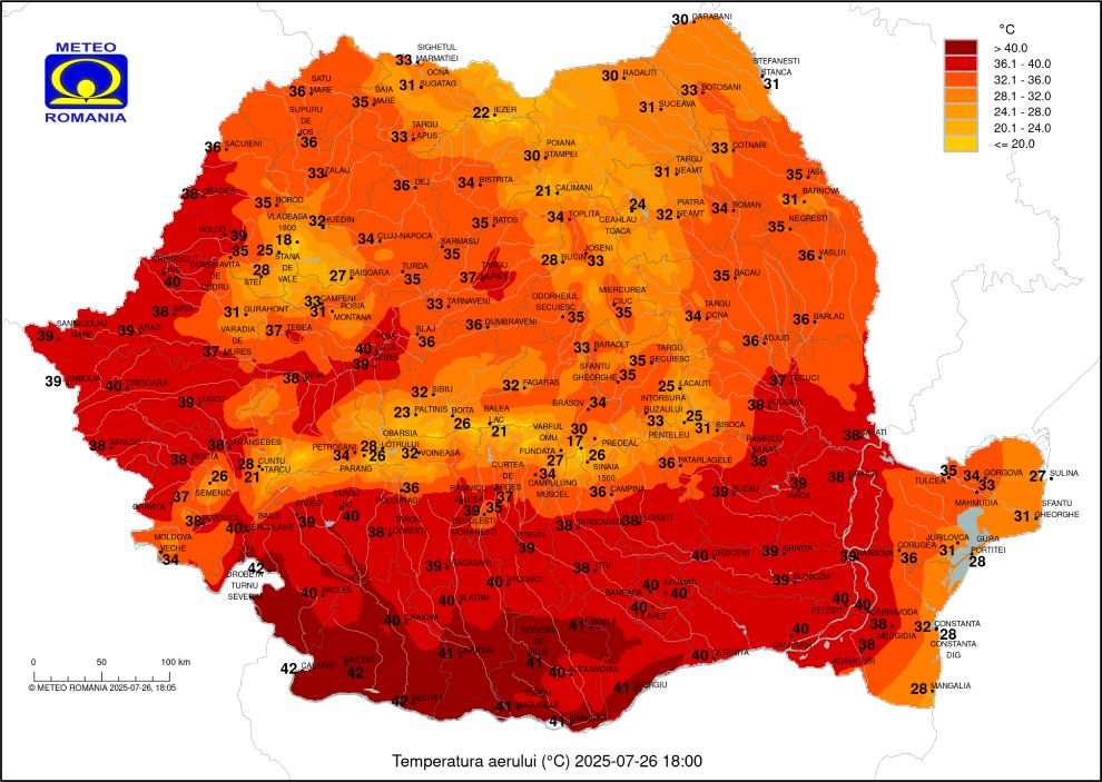 Temperatura orară România 26 iulie 2025