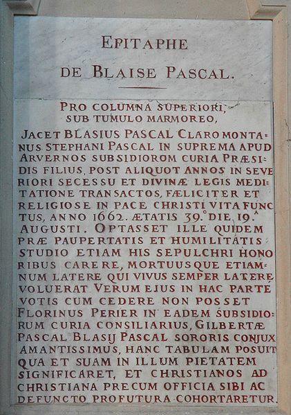 Epitaful lui Blaise Pascal. Saint-Etienne Epitaful lui Blaise Pascal. Saint-Etienne